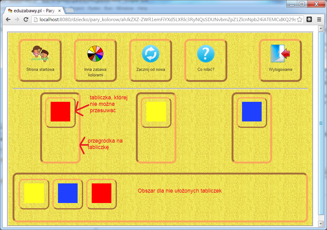 Strona zabawy w dopasowywanie par kolorów