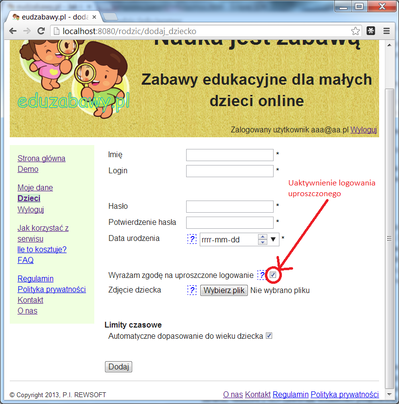 Uaktywnienie logowania uproszczonego na stronie dodawania dziecka